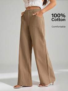 SHEIN Tall 100%水洗棉低腰直筒長褲 - 駝色 - 查看 2