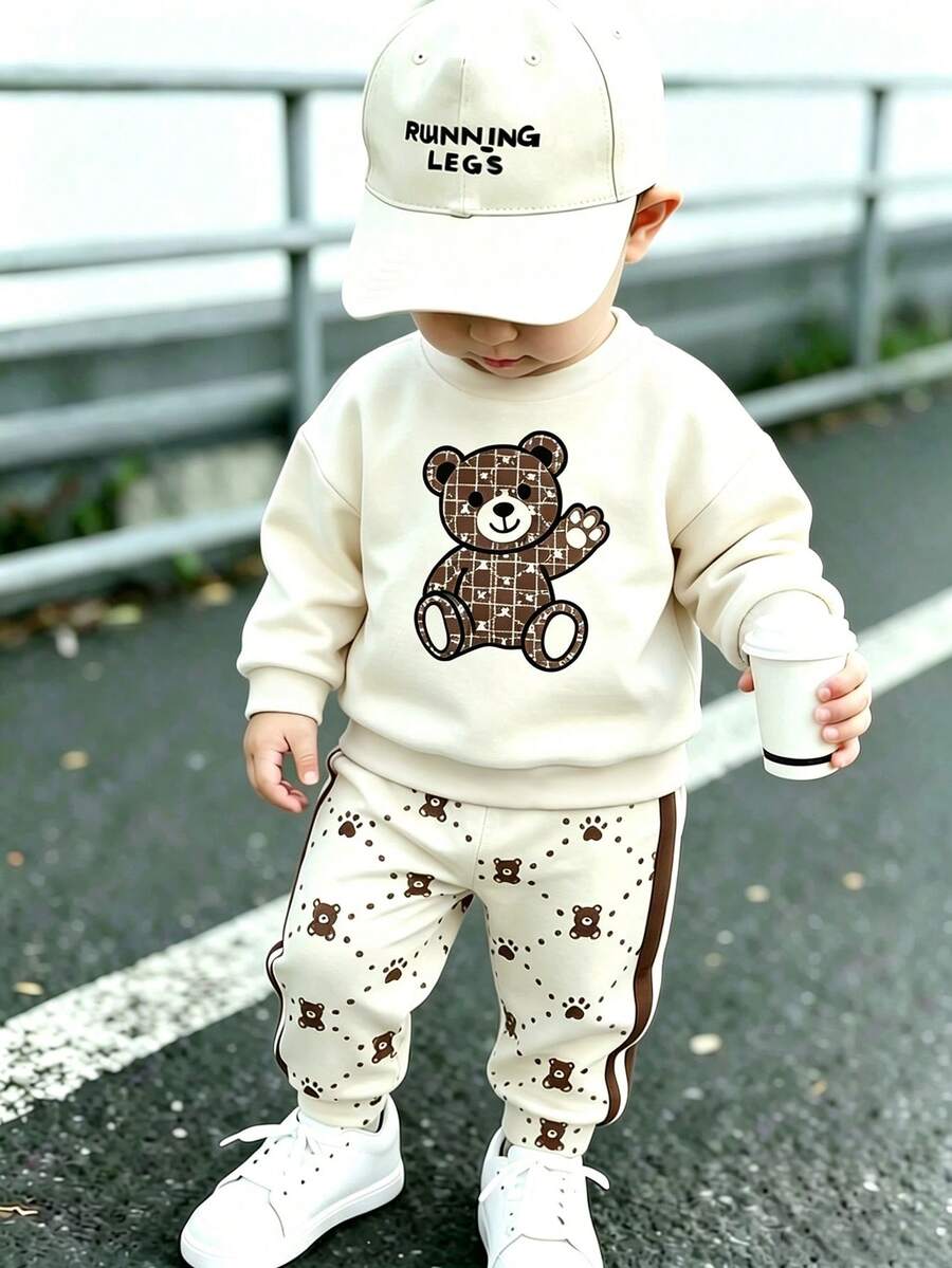 2件組秋冬幼兒熊圖案拼色圓領厚抓絨衛衣與配色格紋收口長褲休閒套裝，適合戶外、運動、返校 - 彩色 - 查看 1