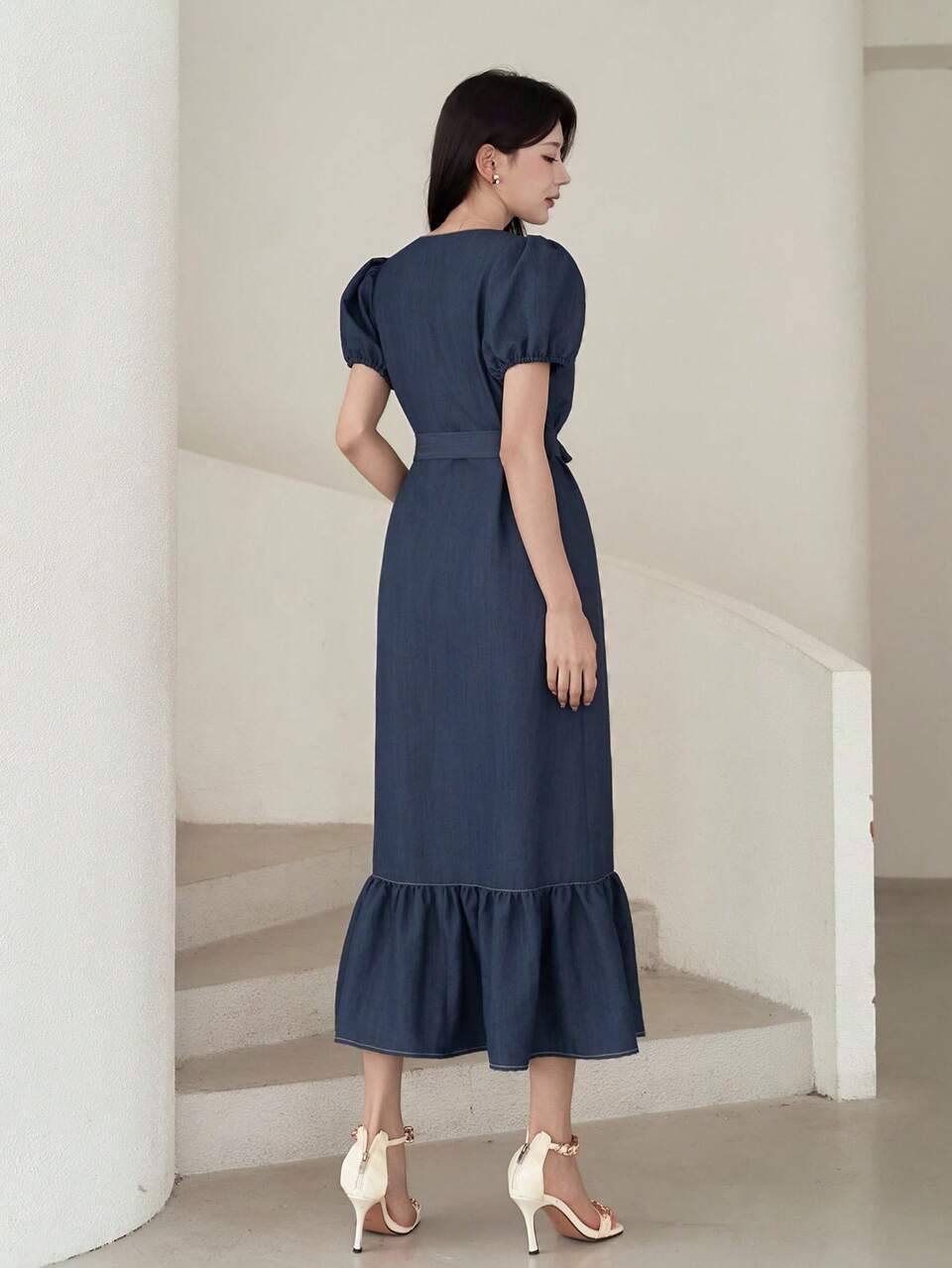 Spring Summer Elegant Blue Shirt Dress With Ruffle Hem, Cinched Waist, Long Dress For Women