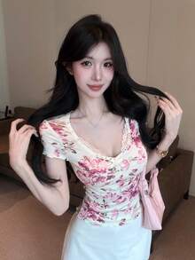 Joudiya 夏季歐美風修身顯瘦印花蕾絲上衣 極簡性感圓領百搭紫色女款T恤圖案短袖衫 - 紫色 - 查看 7
