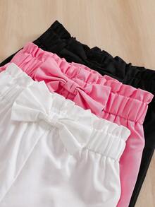 SHEIN 女嬰春夏秋冬高級純色純棉3D蝴蝶結直筒褲3件套，適合日常穿著與外出 - 彩色 - 查看 5