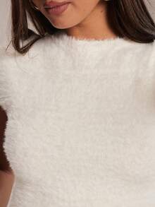 SHEIN BAE Women White Short Sleeve Top, Fuzzy Fluffy Knit T-Shirt With Open Back Cutout, Soft Plush Going Out Top For Summer Night/Open Back Cutout/ Fluffy - Apricot - View 9
