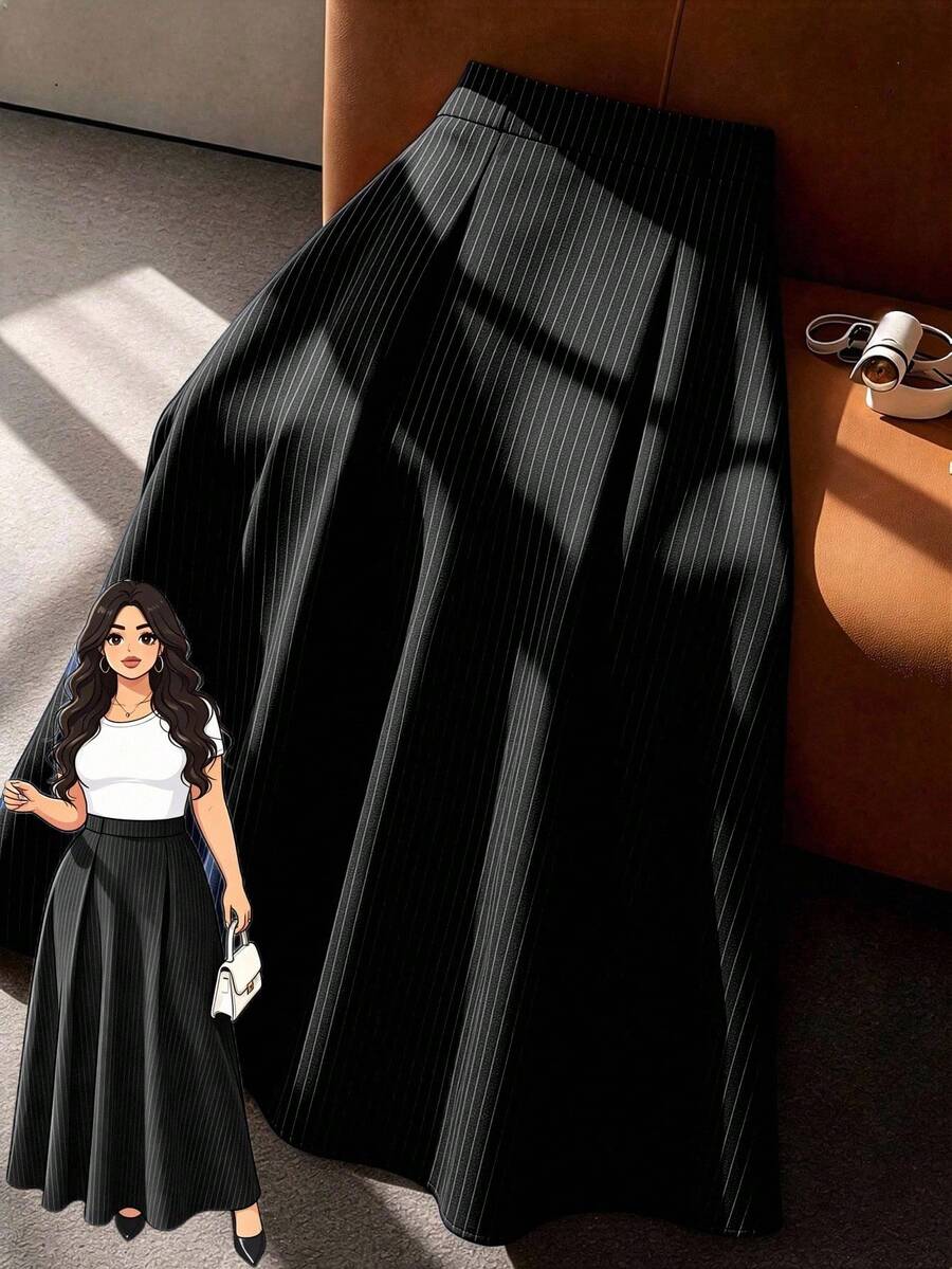 GlowEve CURVE Plus Size Women's Striped Pleated Casual Versatile Daily Wear Skirt - Black - View 1
