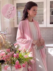 Yasmyna Elegant Pink And White Lace Trim Patchwork Long Sleeve Flared Chiffon Headscarf Abaya For Women - Pink - View 4