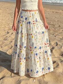 SHEIN Sparklyn Teen Girls Autumn Clothes Multi-Color Ditsy Floral Skirt, Elastic Waist A-Line Full, Ruffle, Ruched, Boho Casual, Lace Formal Party White - Multicolor - View 2
