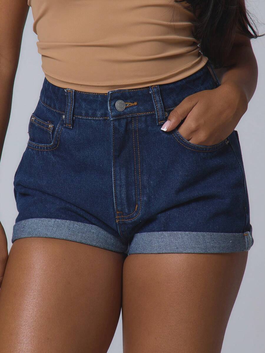 Musera Petite Shorts de mezclilla clásicos de cintura media con puño, talla pequeña, estilo básico, ropa de calle linda para otoño, adecuados para salidas casuales, shorts de mezclilla primavera/verano - Azul lavado oscuro - Ver 1