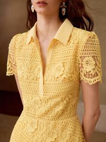 MOTF PREMIUM WOMEN'S AUTUMN/WINTER LACE EMBROIDERED HEM CHIFFON PLEATED PATCHWORK WAIST-CINCHING DRESS - Light Yellow - View 3