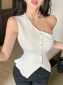 DAZY Women's Summer Autumn Asymmetric Shoulder Sleeveless Waist-Cinching Pearl Button Decor Solid Color Blouse - White - View 3