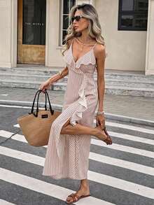 Serisse Women's Brown And White Ruffle Hem Slit Design Casual Coastal Elegant Tropical Party Beach Vacation Midi Strap Dress Summer - Multicolor - View 1