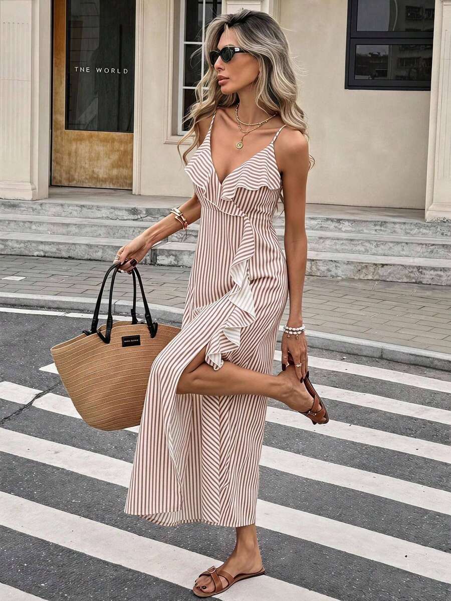 Serisse Women's Brown And White Ruffle Hem Slit Design Casual Coastal Elegant Tropical Party Beach Vacation Midi Strap Dress Summer - Multicolor - View 1