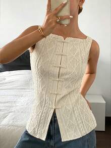 Siren Gaze Sleeveless Top With Retro Chinese-Style Knot Buttons – Women's Textured Square-Neck Slim-Fit Versatile Top (Suitable For Vacation White Summer - Apricot - View 2