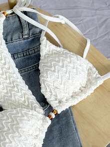 Swim Mod Women's Spring/Summer Jacquard Fabric Halter Neck Beaded Bikini Set - Beige - View 5