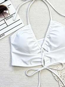 Bonvoyette Solid Color Backless Halter Neck Swimsuit Top For Vacation Beach - White - View 4