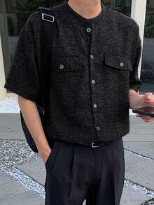 DAZY Short Sleeve Collarless Minimalist Textured Fabric Men's Shirt Summer - Black - View 6