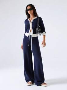 LYSMO Women's Colorblock Long Sleeve Single-Breasted Knit Cardigan And Knit Pants Casual Set - Navy Blue - View 3