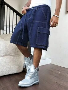 Manfinity EMRG 男士街頭風休閒多口袋工裝腰繩藍色牛仔短褲，度假款 - 深色水洗藍 - 查看 7