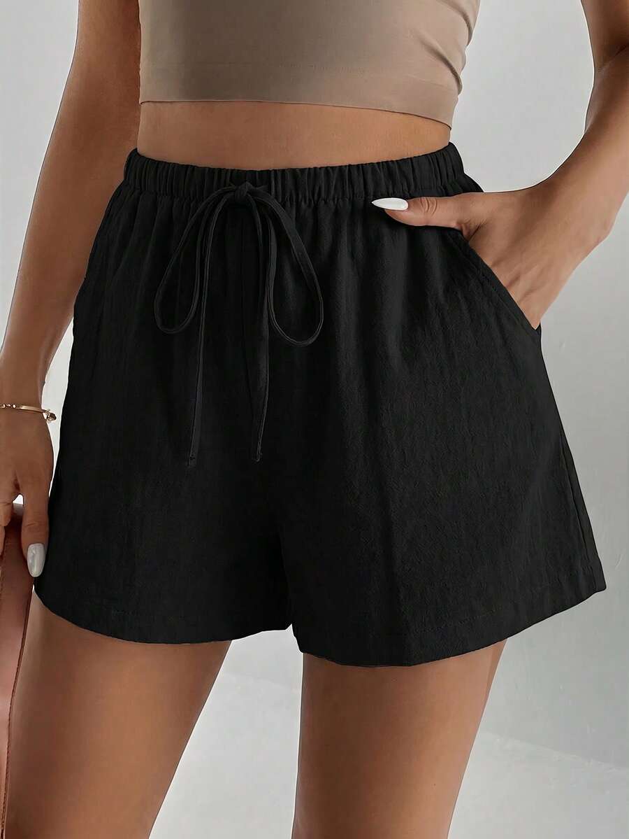 SHEIN Tall 女款純色彈性腰前打結口袋休閒短褲 - 黑色 - 查看 1