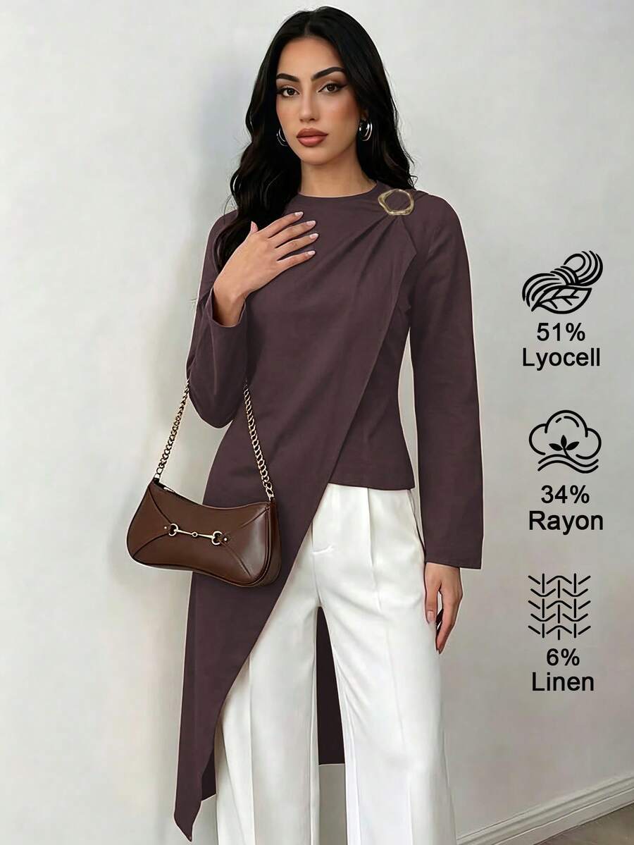 Elenzga Women's Elegant Commute Solid Color Wrap Blouse - Brown - View 1