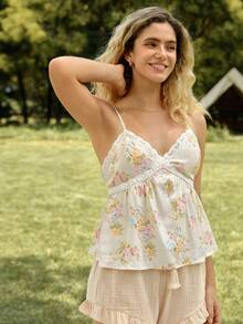 WESTFADE Débardeur Babydoll sans manches à col en V, imprimé floral et nœud dans le dos - Multicolore - Voir 6