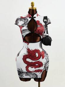 Mistrie Women's Chinese Dragon Print Buttoned Hollow-Out Cap Sleeve Bodycon Dress - Red and White - View 4