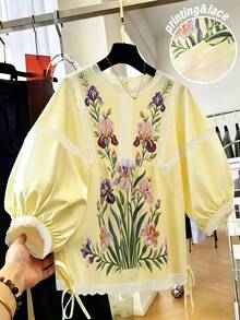 GlowEve Damen Vintage Blumenmuster Spitzenbesatz Puffärmel Rundhals Bluse - Gelb - Übersicht 3