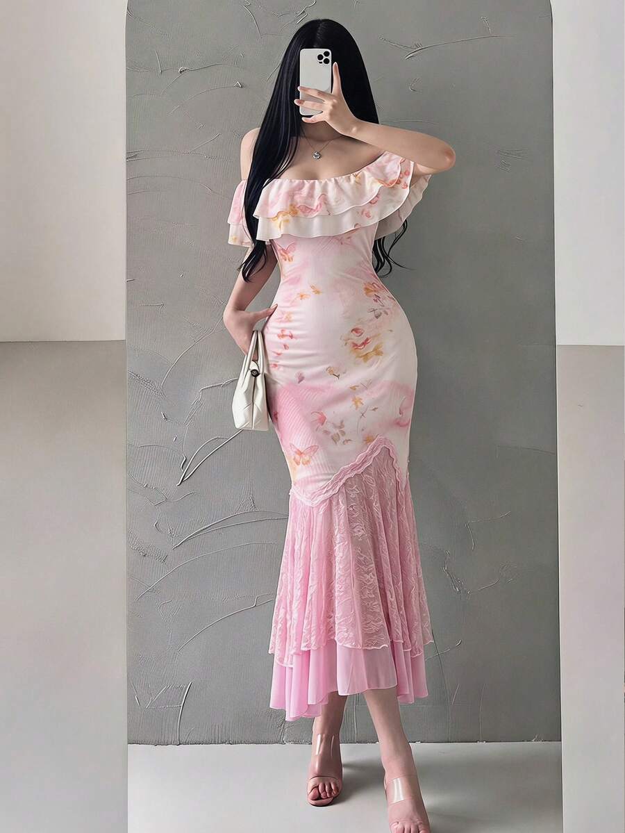 Feyla 女款夏季優雅花卉印花對比蕾絲露肩荷葉邊長洋裝 - 彩色 - 查看 1