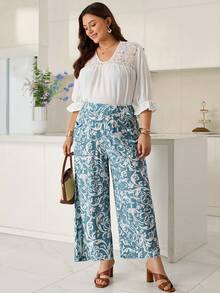 Rosumi Women's Plus Size Printed Wide Leg Long Pants Fall - Multicolor - View 4