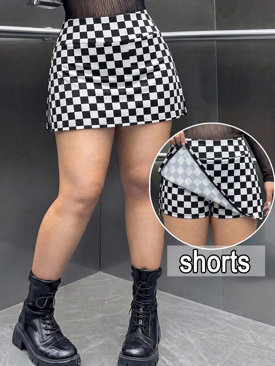 Muchica Plus Size Summer Casual Checkered Side Slit Skort - Black - View 1