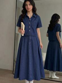 SHEIN 2件組青少年女孩Y2K休閒深藍色牛仔寬鬆短袖襯衫與牛仔長裙 - 藍色 - 查看 1