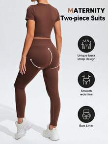 SHEIN Maternity Short Sleeve Top And Long Pants Sports Set - Brown - View 10