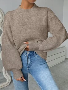 SHEIN 女款秋冬新款混色駱駝色圓領針織毛衣，優雅休閒寬鬆落肩燈籠袖套頭衫，適合日常穿著與街頭風 - 駝色 - 查看 3