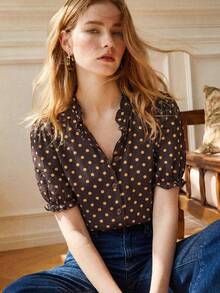Écloséra Women's Elegant Commuter Blouse French Style Ruffle Trim Polka Dot Contrast Color Print Short Sleeve Versatile Blouse Spring Summer - Brown - View 1