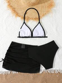 SHEIN 青少年女孩比基尼套裝，可愛黑色針織面料，細肩帶，可調節領口與背部，附裙式泳褲，側面蝴蝶結，3件式分開套裝，適合游泳、夏季度假、海灘、海邊、泳池、游泳池、暑假派對 - 白色 - 查看 3