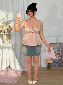 Comfortcana Kamisol Musim Panas Ukuran Besar Elegan Warna Polos dengan Hiasan Renda - Aprikot - View 3