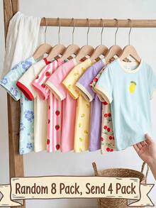 SHEIN 4pcs/Set Baby Girl Cute Fruit Print T-Shirts,Pink And White,Summer,Graduation,Short Sleeve Round Neck Tops,Casual Sweet Strawberry Lemon Cherry Tees - Multicolor - View 3