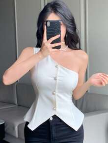 DAZY Women's Summer Autumn Asymmetric Shoulder Sleeveless Waist-Cinching Pearl Button Decor Solid Color Blouse - White - View 10