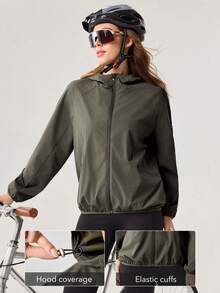OutZeal Women Outdoor Jacket Workout Gym Hooded Drawstring Hem Jacket - Dark Green - View 2