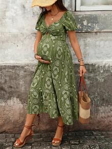 Boho Mama Maternity Floral Print Twisted Design Short Petal Sleeve Dress - Green - View 6