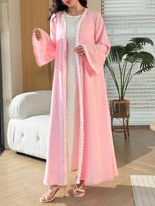 Yasmyna Elegant Pink And White Lace Trim Patchwork Long Sleeve Flared Chiffon Headscarf Abaya For Women - Pink - View 8