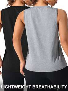 SHEIN Rhythm Era Damen Große Größen Sport Yoga Outdoor Fitness Tanktop Ärmellos T-Shirt 2 Stücke Set mit Brust einseitig Doppelstreifen Buchstaben Muster Basic minimalistischer Stil - Verschiedenfarbig - Übersicht 8