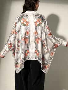 Frievida Kemeja Wanita Lengan Panjang Longgar dengan Motif Blok Warna Vintage, Desain Lengan dan Ujung Bawah Berbentuk Syal Persegi, Gaya Liburan Elegan untuk Beraktivitas Sehari-hari - MultiWarna - View 2
