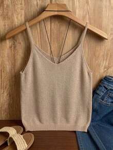 EMERY ROSE Women's Solid Color Hollow Out Casual Camisole Knit Top - Khaki - View 2