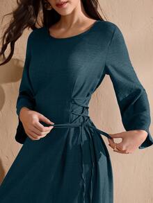 Graceveil Round Neck Solid Color Drawstring Tie Arabian Dress - Blue - View 2