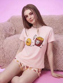 Notgurli Women's Plus Size White And Red Coffee Heart Graphic Short Sleeve Pajama Set Cute Everyday Lounging - Multicolor - View 6