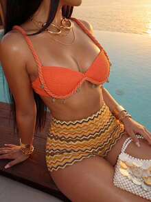 Slaydiva Bikini Top Cup-Shaped Burnt Orange Brown Striped Twisted Shoulder Straps Shell Woven Belts Beach Vacation Holiday Wear Two Pieces Set Summer Sexy - Orange - View 3