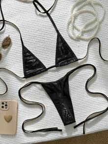 Swim Vcay 2件組比基尼套裝，春夏海灘度假，紋理布料掛脖三角上衣與側綁繩丁字褲底，性感比基尼套裝 - 黑色 - 查看 5