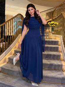 SHEIN Lady CURVE Plus Size Elegant Party Solid Color Ruched Dress Summer - Blue - View 4