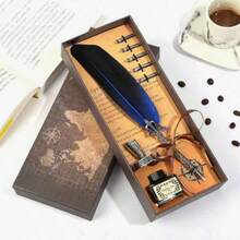 One Grey Retro Crown Feather Pen, With An Ink Pen Gift Box, Suitable For Dipping In Water For Use, Can Be Used As A Wedding Signature Pen Or A School Reunion Souvenir. - multicolor - View 3