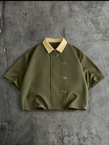 AXEPEAK Men's Contrast Color Lapel Collar Airplane Button Design Short Sleeve Shirt - Olive Green - View 1