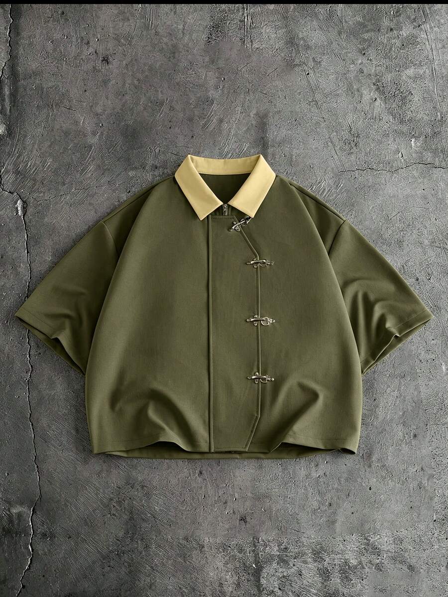 AXEPEAK Men's Contrast Color Lapel Collar Airplane Button Design Short Sleeve Shirt - Olive Green - View 1